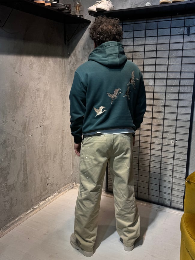 Turna Kuş Nakışlı Yeşil Hoodie