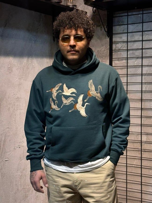 Turna Kuş Nakışlı Yeşil Hoodie