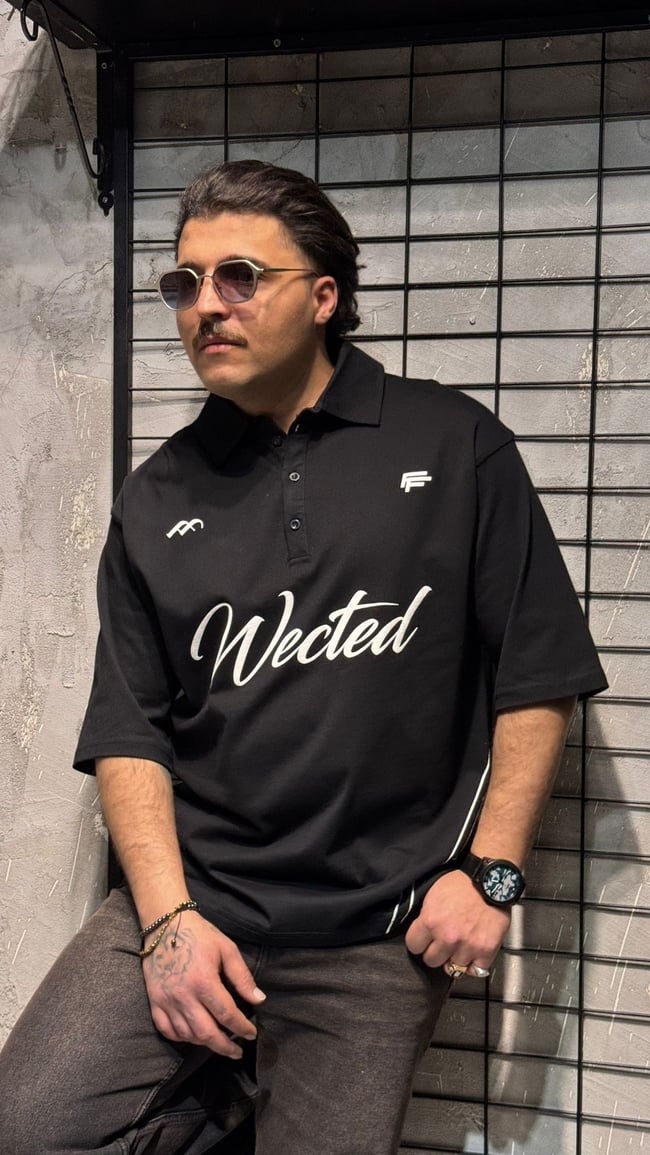 Wected Siyah Polo Yaka Oversize T-shirt