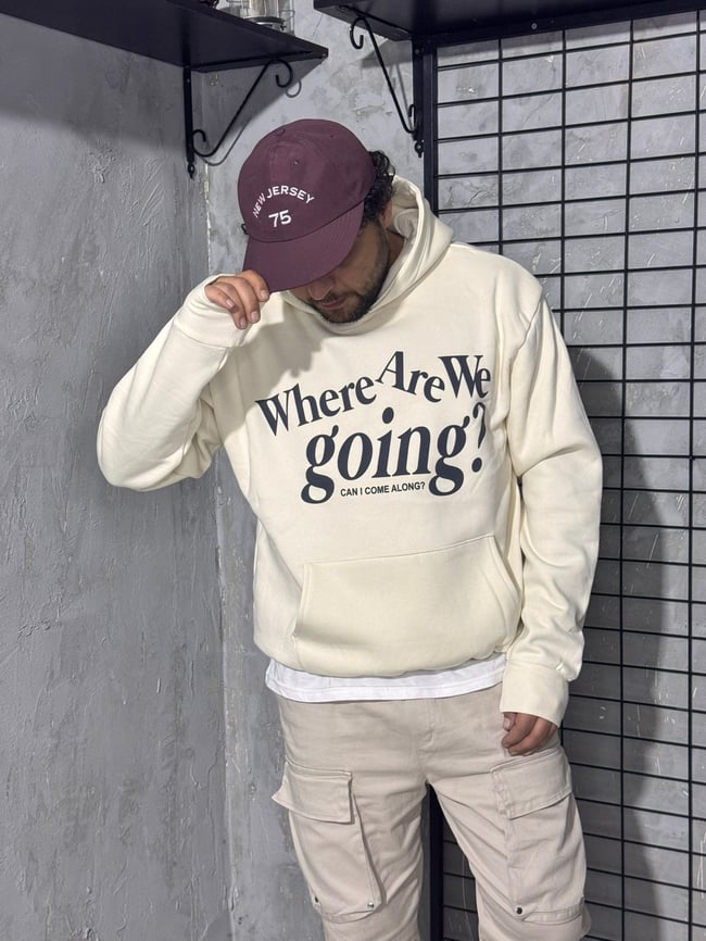 Where Are We Going ? Baskılı Krem Hoodie
