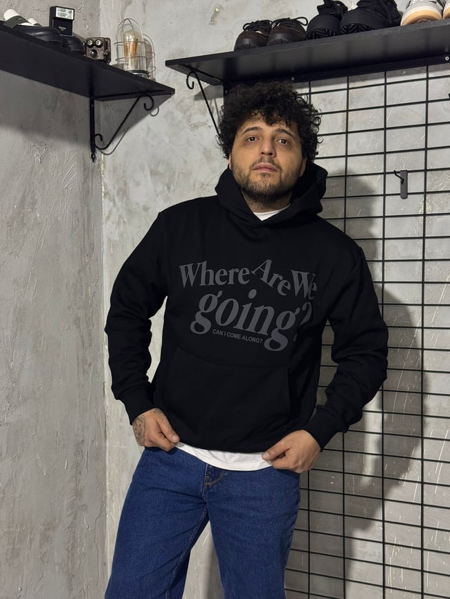 Where Are We Going ? Baskılı Siyah Hoodie