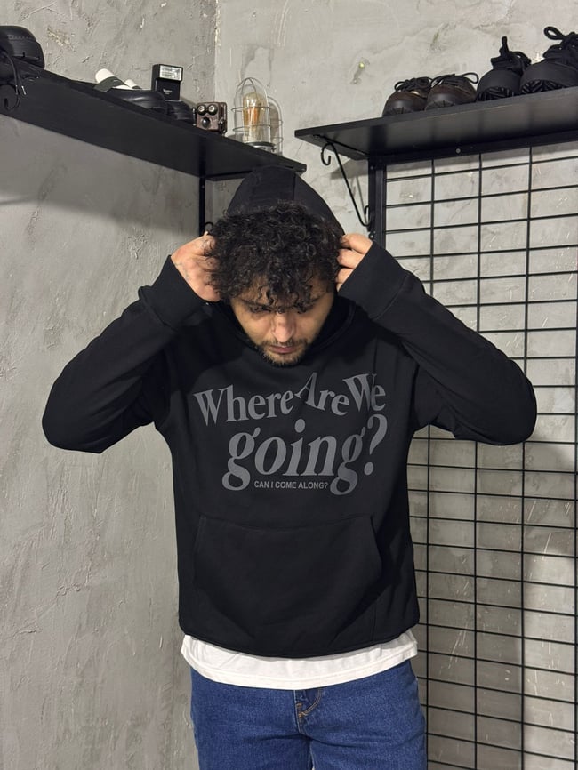 Where Are We Going ? Baskılı Siyah Hoodie