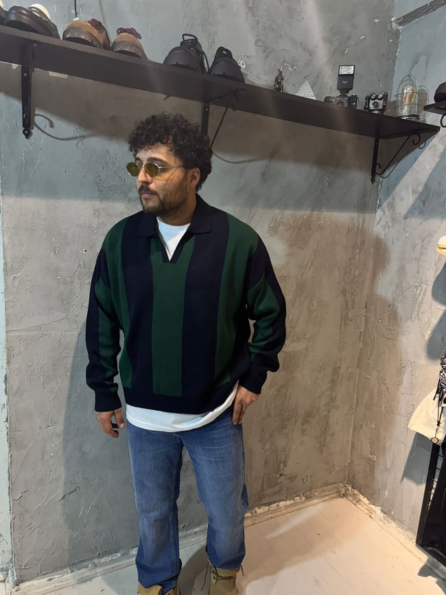 Yeşil Lacivert Çizgili Polo Yaka Oversize Triko Kazak