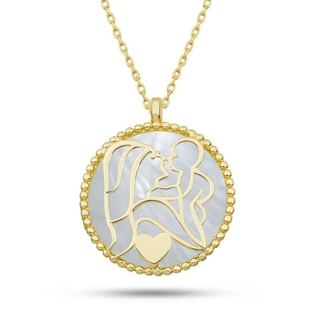 Gümüş Gold Sedef Taşlı Anne Çocuk Sevgisi Kolye