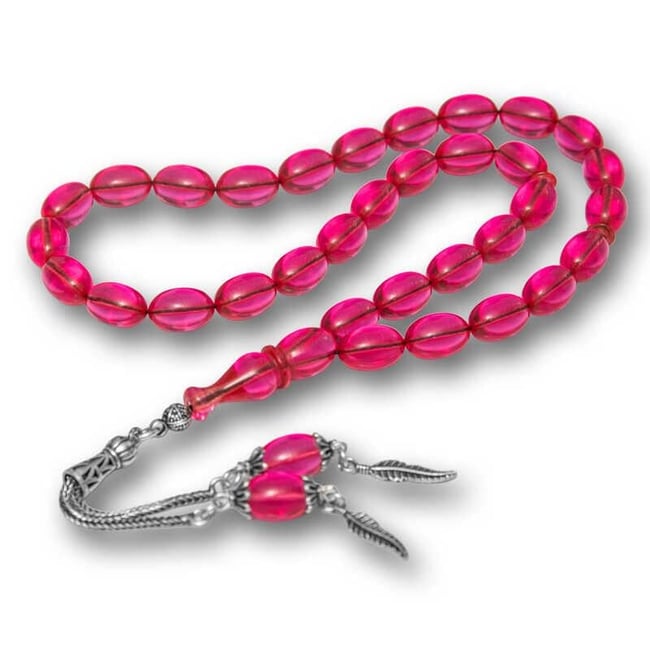 Gümüş Püsküllü Pembe Ateş Kehribar Tesbih
