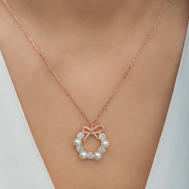 Gümüş Rose İnci Kurdele Kadın Kolye