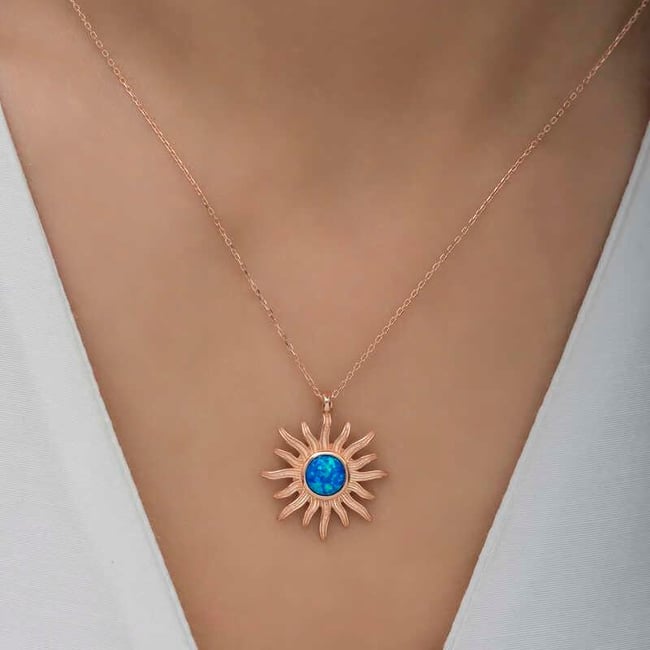 ​Gümüş Rose Mavi Opal Taşlı Güneş Kadın Kolye