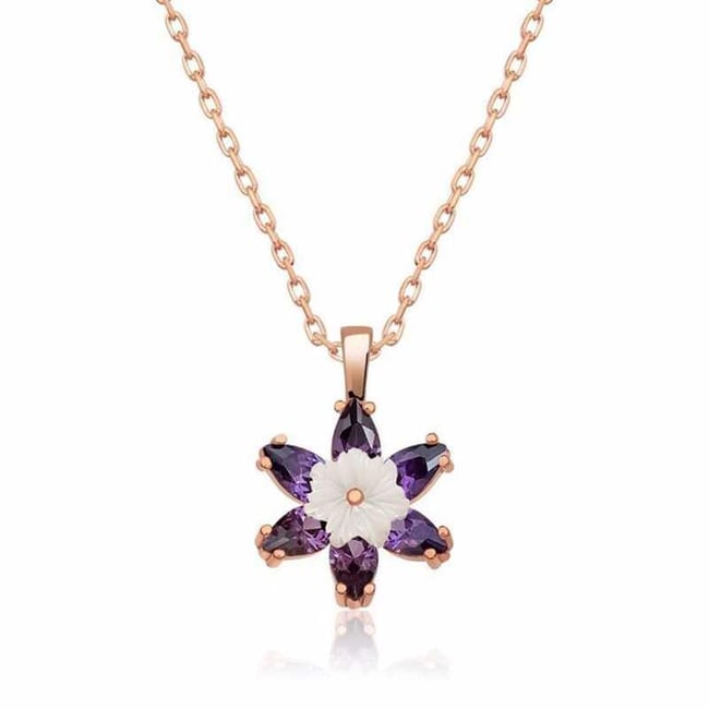 Gümüş Rose Mor Lotus Çiçeği Kolye