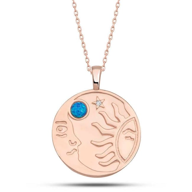 Gümüş Rose Opal Mavi Taşlı Ay Güneş Kadın Kolye