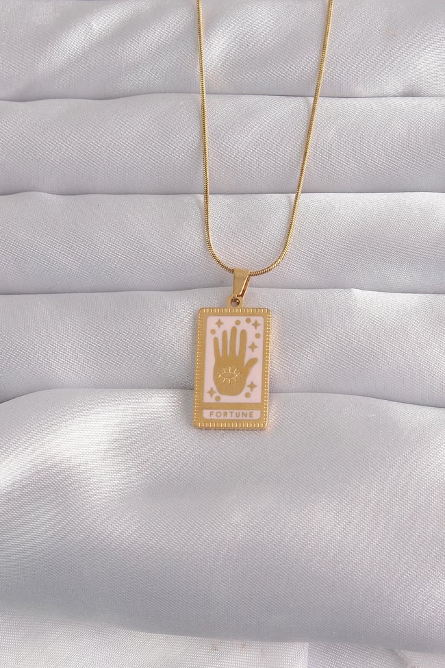 316L Çelik Gold Renk Pembe Mineli El Figür Tarot Kolye