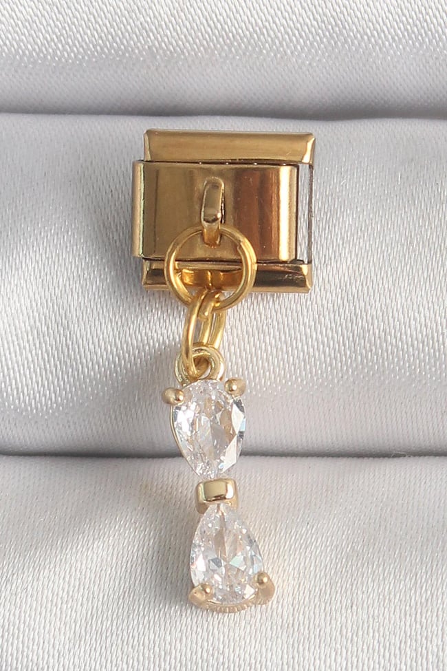 316L Çelik Gold Renk Sallantı Zirkon Taşlı Kurdele Model Nomination Charm