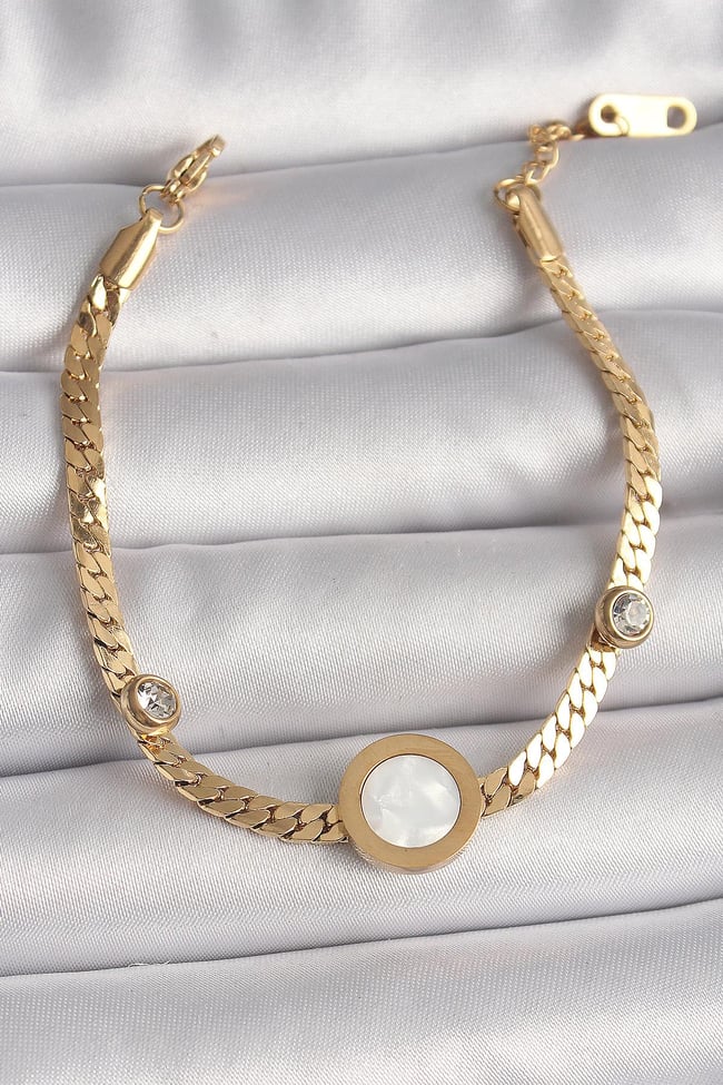 316L Çelik Gold Renk Yassı Zincir Model Zirkon Taş Detaylı Beyaz Mineli Madalyon Model Kadın Bileklik