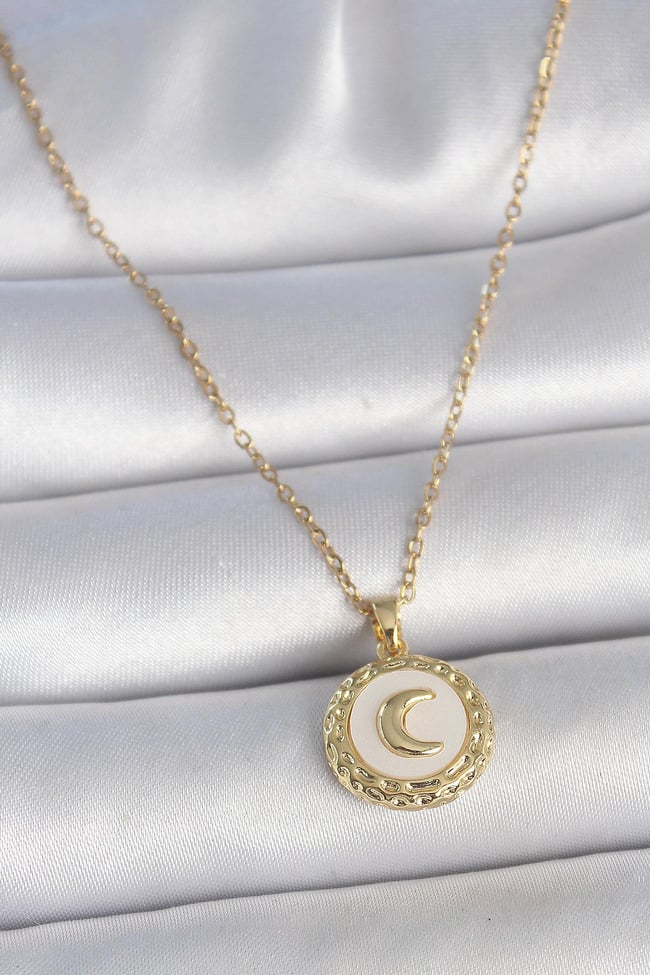 316L Çelik Gold Renk Zincir Beyaz Mineli Hilal İşlemeli Madalyon Model Kadın Kolye