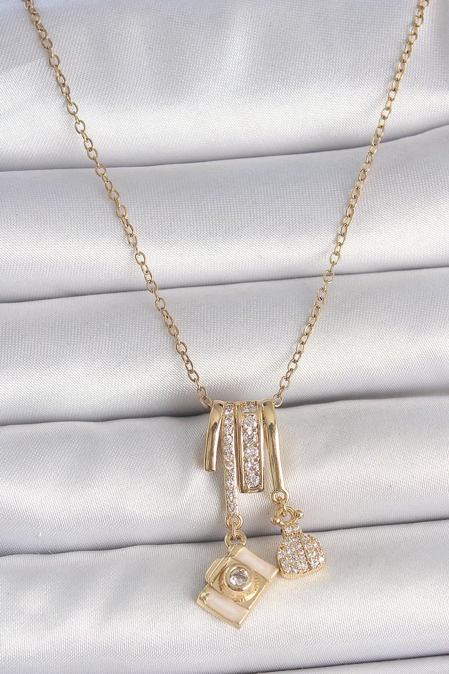 316L Çelik Gold Renk Zirkon Taşlı Sallantı Fotoğraf Makinası Figür Charm Kadın Kolye