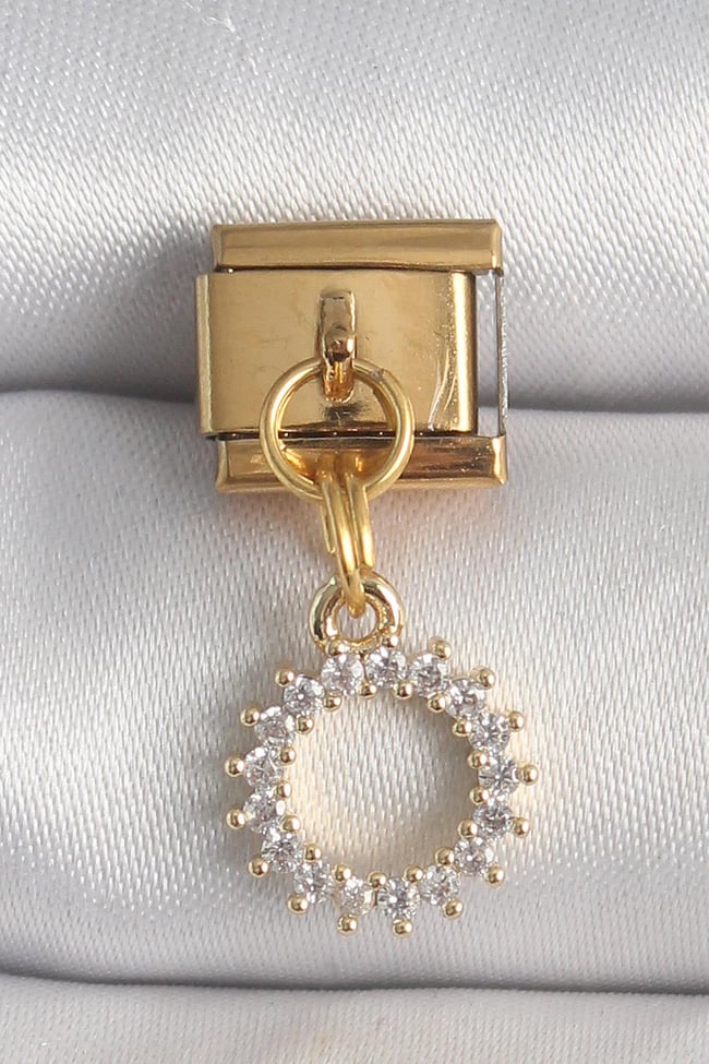 316L Çelik Gold Renk Zirkon Taşlı Sallantı Güneş Model Nomination Charm