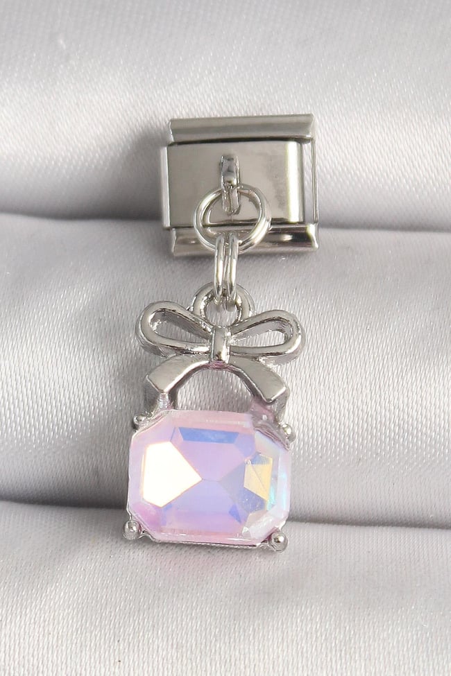 316L Çelik Gümüş Renk Pembe Zirkon Taşlı Çanta Model Nomination Charm