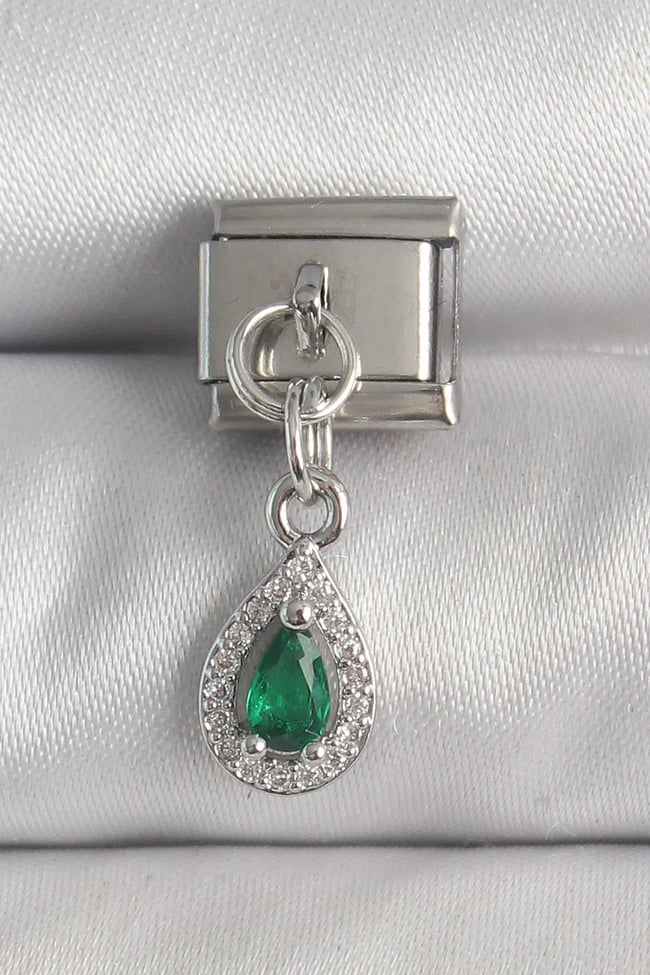 316L Çelik Gümüş Renk Sallantı Yeşil Zirkon Taşlı Damla Model Nomination Charm