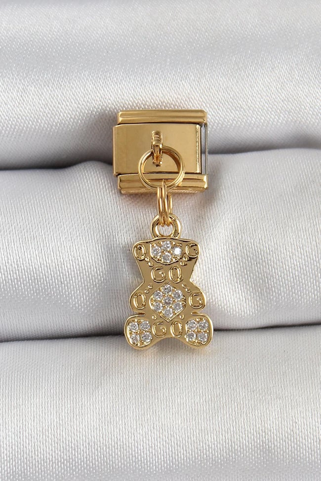 316L Çelik Sallantılı Zirkon Taşlı Ayıcık Model Gold Renk Nomination Charm