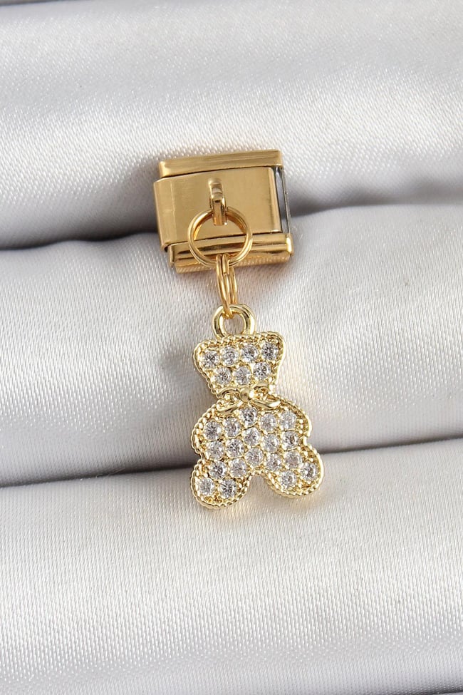 316L Çelik Sallantılı Zirkon Taşlı Ayıcık Model Gold Renk Nomination Charm