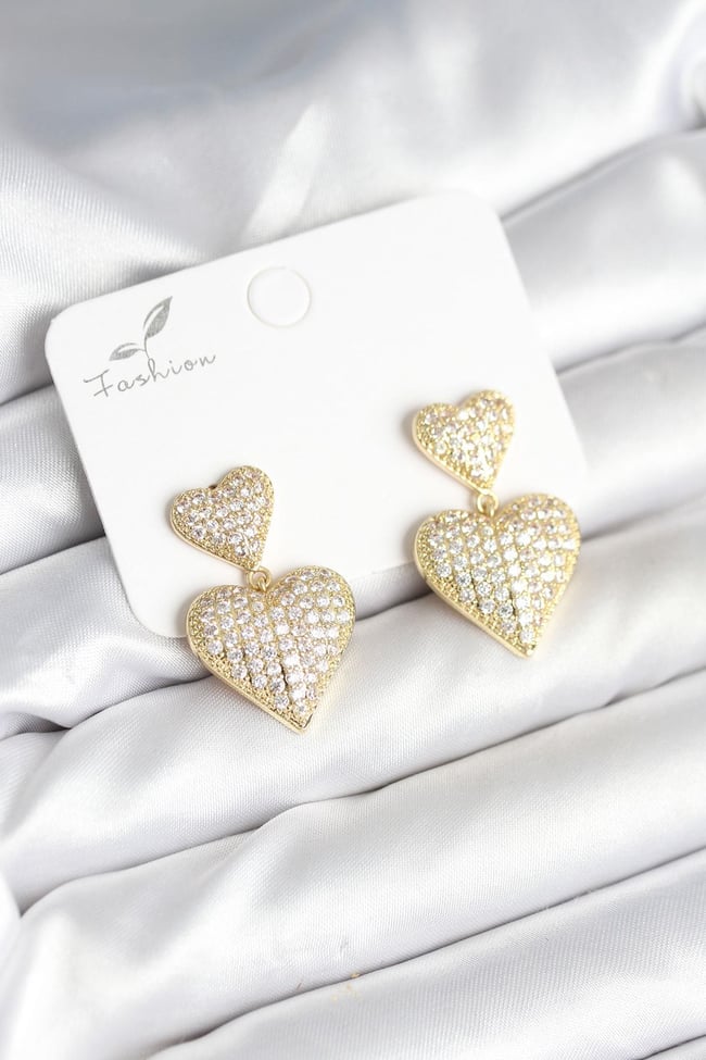 Kalp Model Zirkon Taşlı Gold Renk Pirinç Kadın Küpe