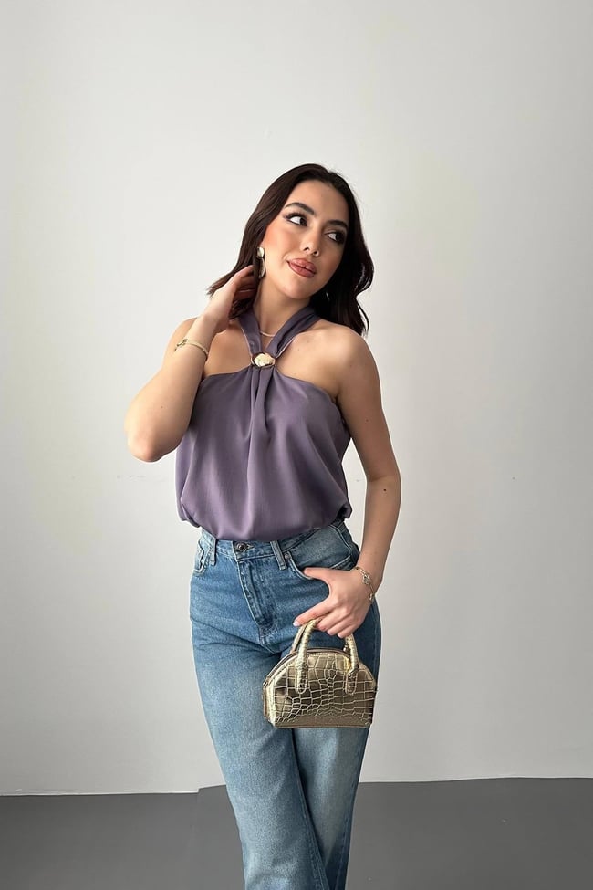 Lila Toka Detaylı Bluz