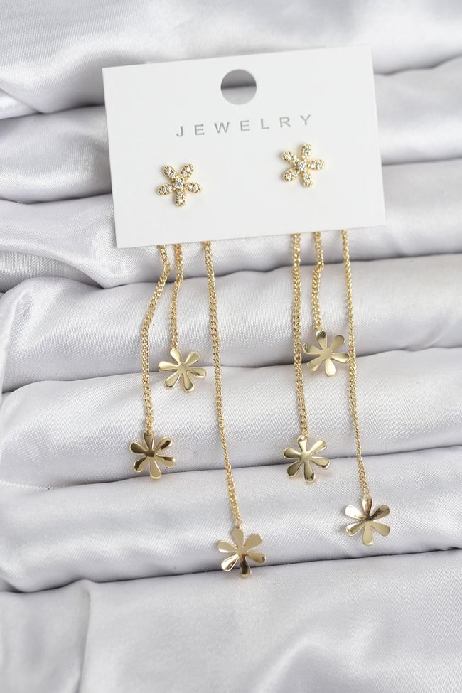 Papatya Model Gold Renk Pirinç Sallantılı Kadın Küpe