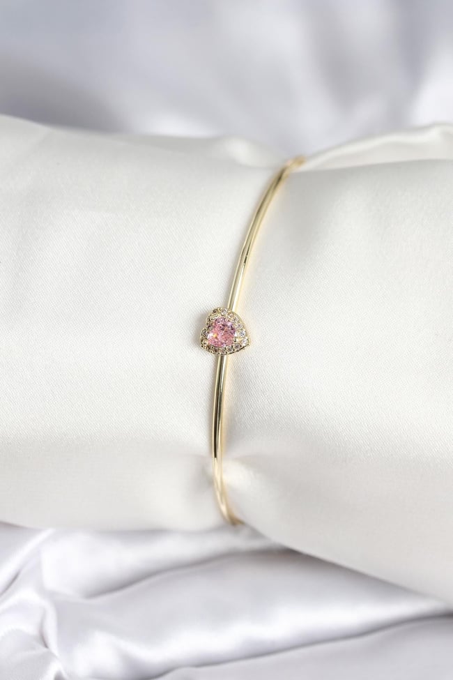 Pembe Zirkon Taşlı Kalp Model Gold Renk Kadın Bileklik