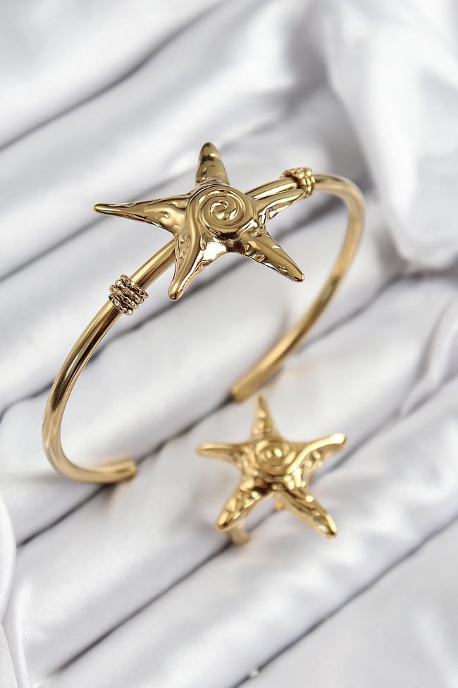 Pirinç Deniz Yıldızı Model Gold Renk Bileklik Yüzük Set