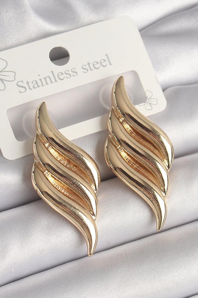 Pirinç Gold Renk 3 Sıra Dalga Model Kadın Küpe