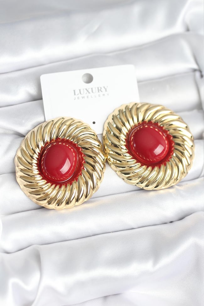 Pirinç Gold Renk Bordo Boncuklu Vintage Kadın Küpe