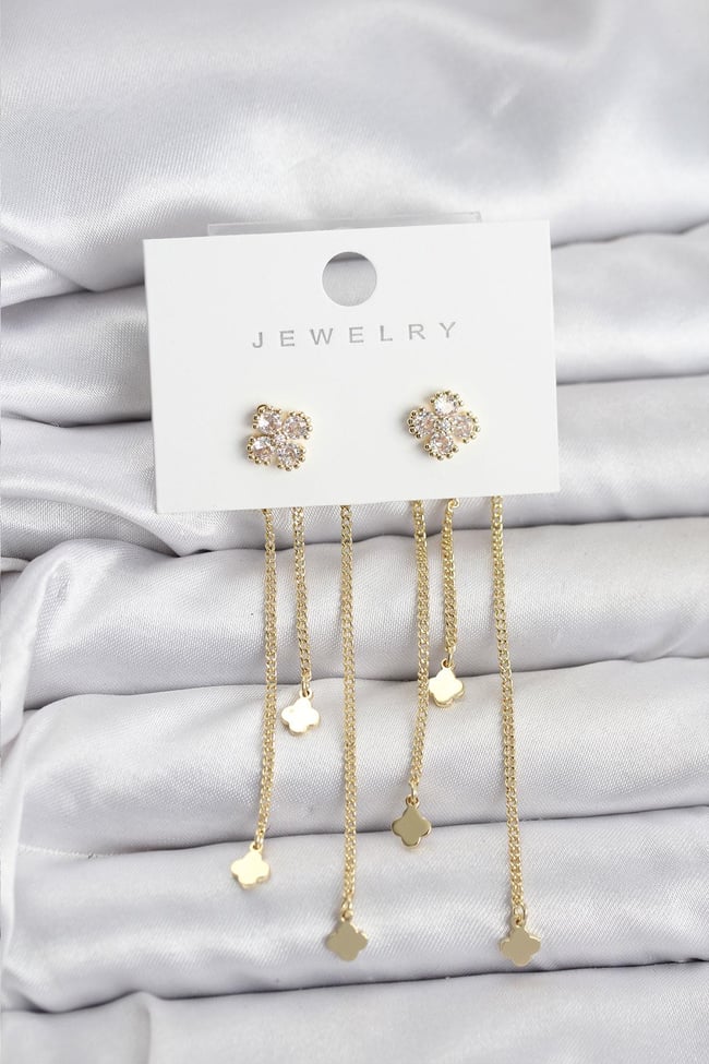 Pirinç Gold Renk Yonca Model Sallantılı Kadın Küpe
