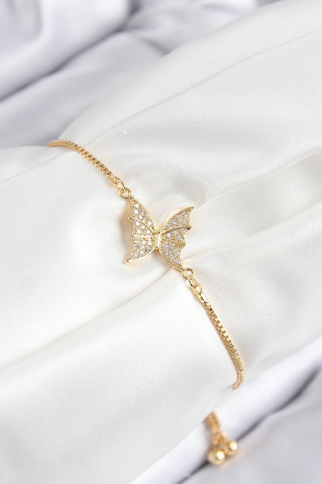 Pirinç Zirkon Taşlı Kelebek Model Gold Renk Asansörlü Kadın Bileklik
