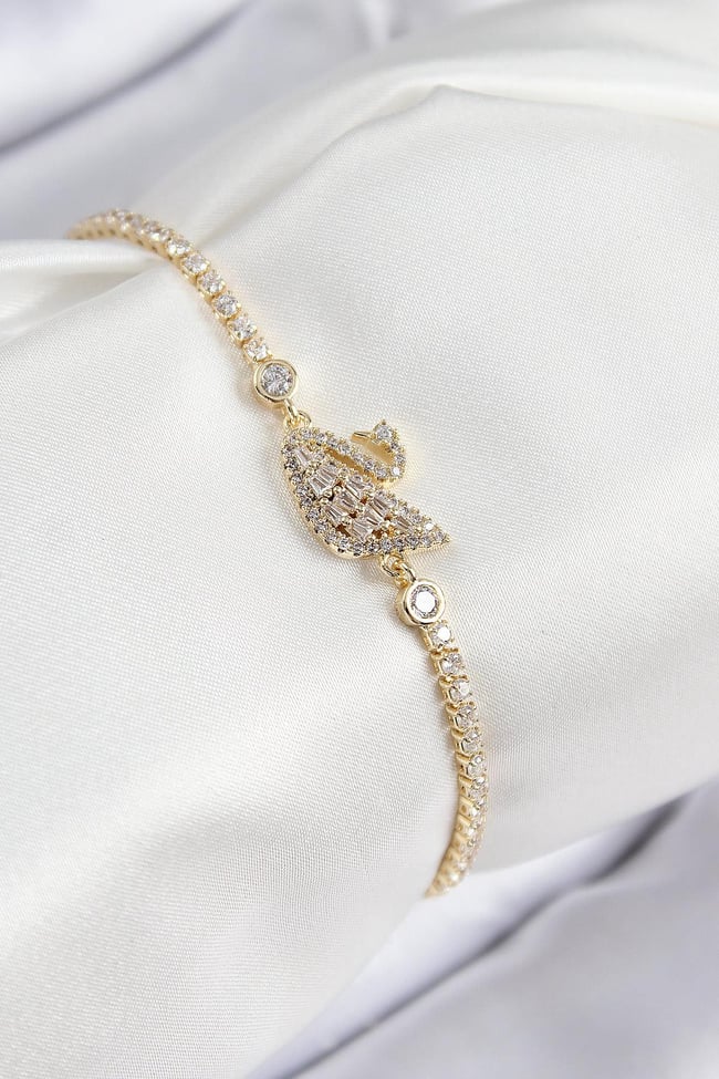 Pirinç Zirkon Taşlı Kuğu Model Gold Renk Kadın Bileklik