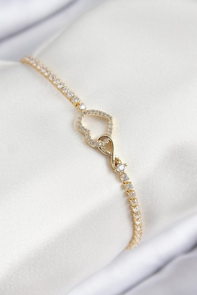 Pirinç Zirkon Taşlı Sonsuzluk Kalp Model Gold Renk Kadın Bileklik