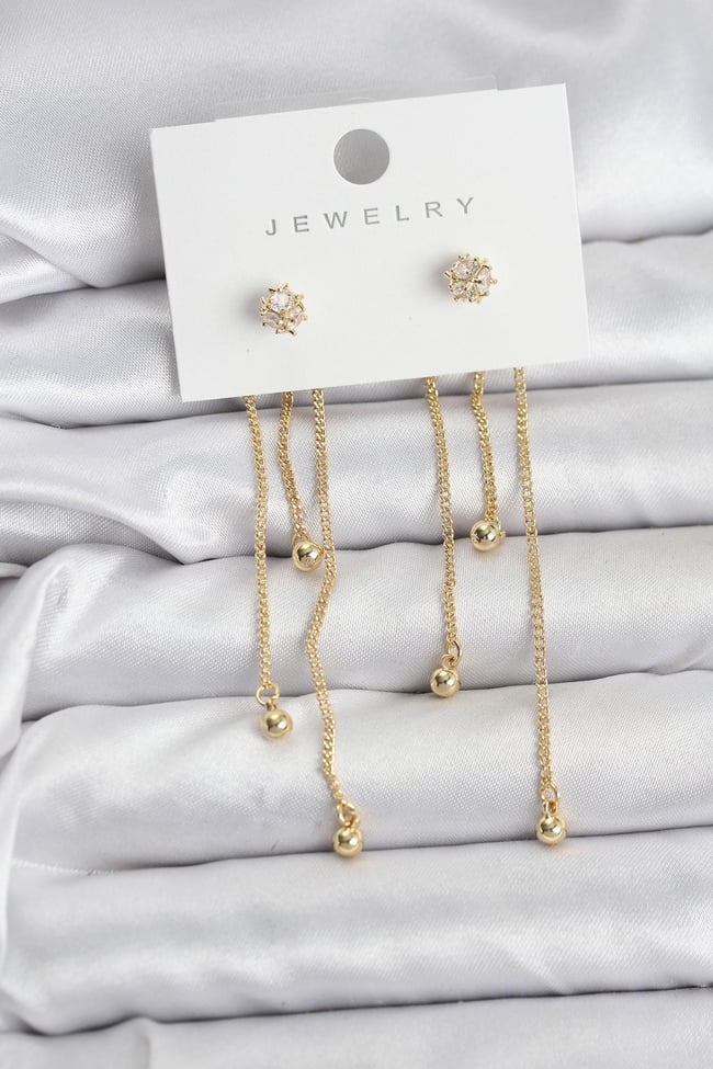 Topçuk Model Gold Renk Pirinç Sallantılı Kadın Küpe Seti
