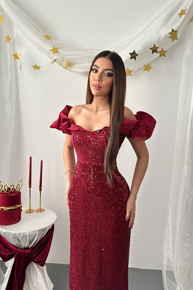 Toptan Bordo Pulpayetli Kolsuz Elbise