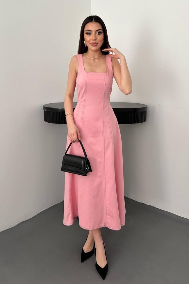 Toptan Pembe Çift Dikişli Gabardin Elbise