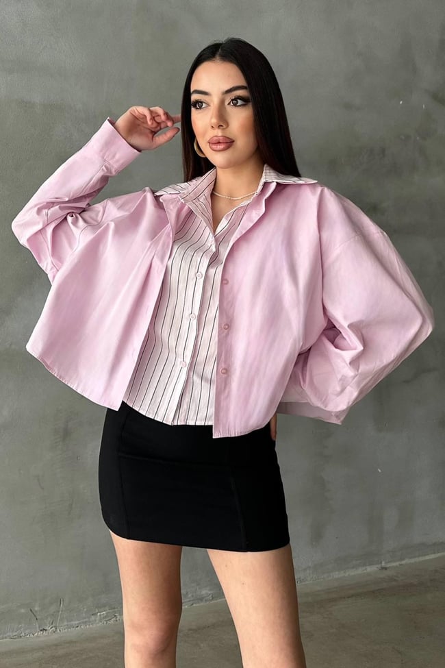 Toptan Pembe Çizgi Garnili Oversıze Gömlek