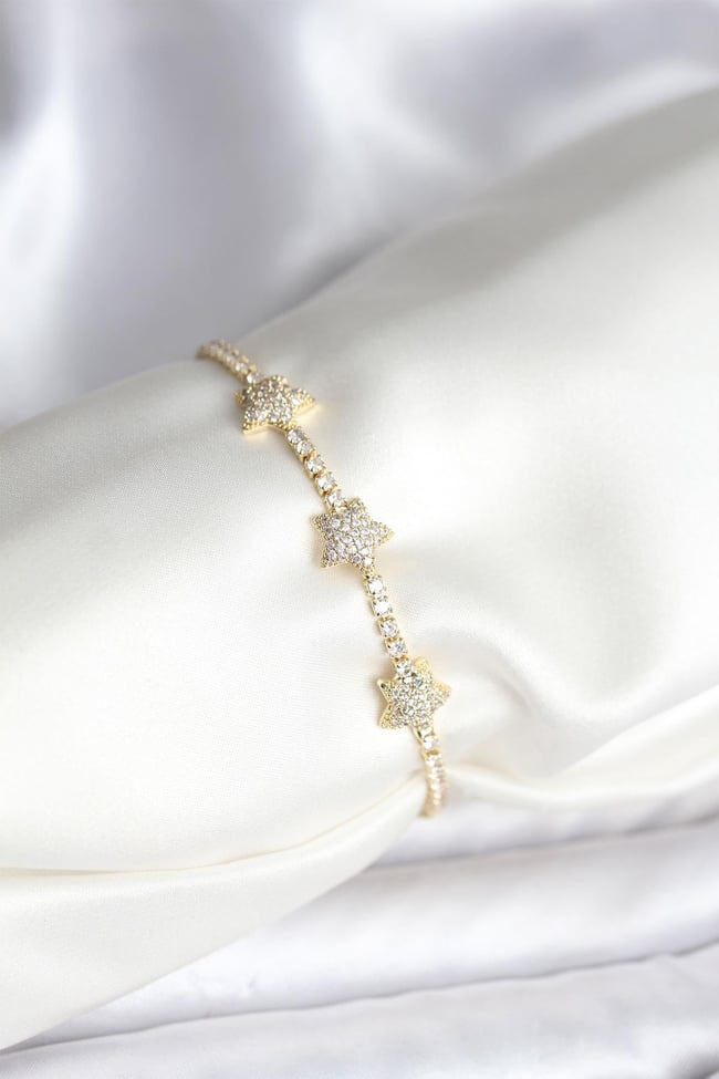 Yıldız Model Zirkon Taşlı Gold Renk Pirinç Su Yolu Kadın Bileklik