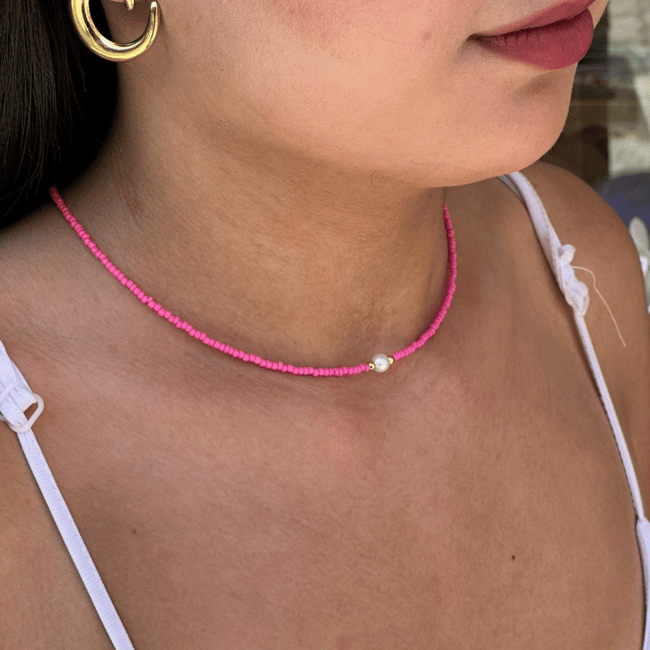 14K Altın Kaplama İncili Pembe Boncuk Kolye
