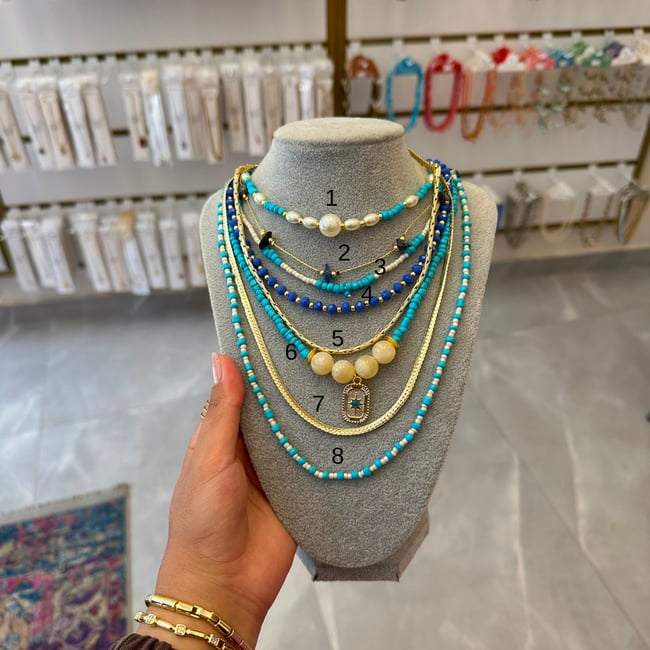 14K Altın Kaplama Mavi Tasarım Boncuk Kolyeler