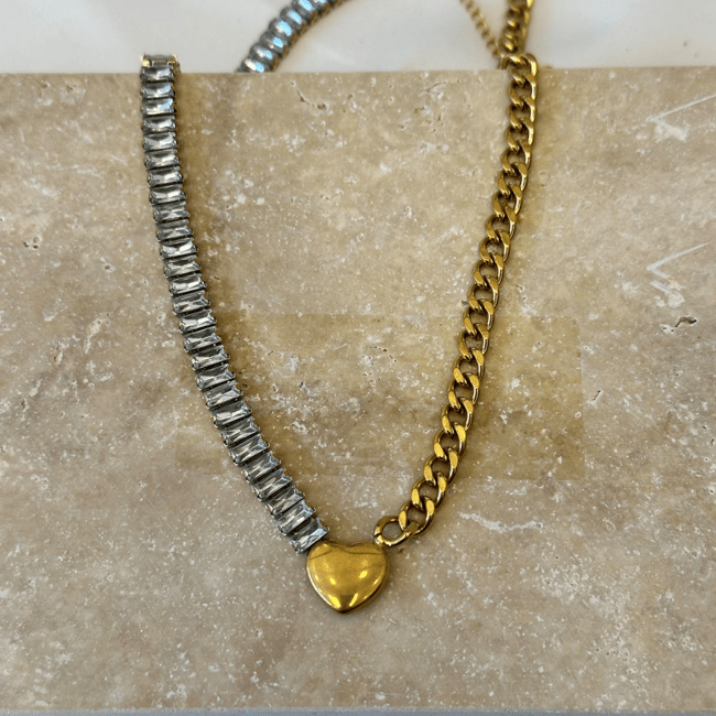 Baget Taş Dizimli & Yarı Gurmet Zincirli Kalp Gold Kolye