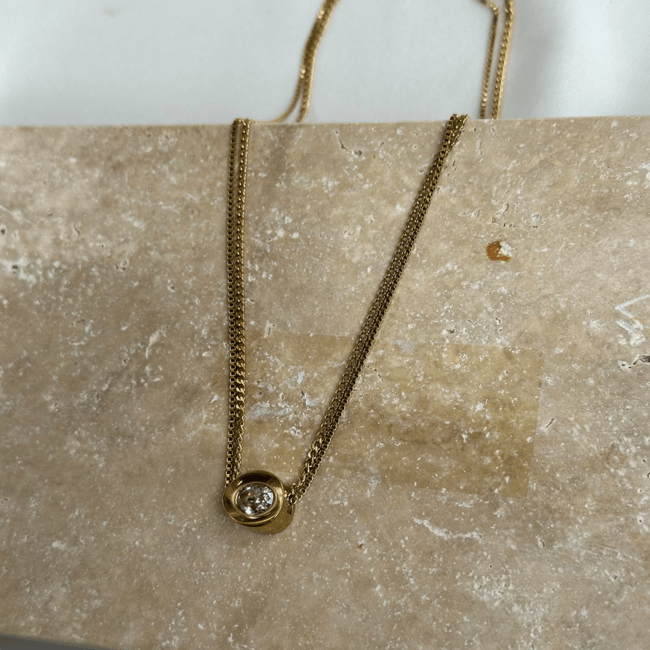 Çift Sıra İkili Zincirli Zirkon Taşlı Gold Kolye
