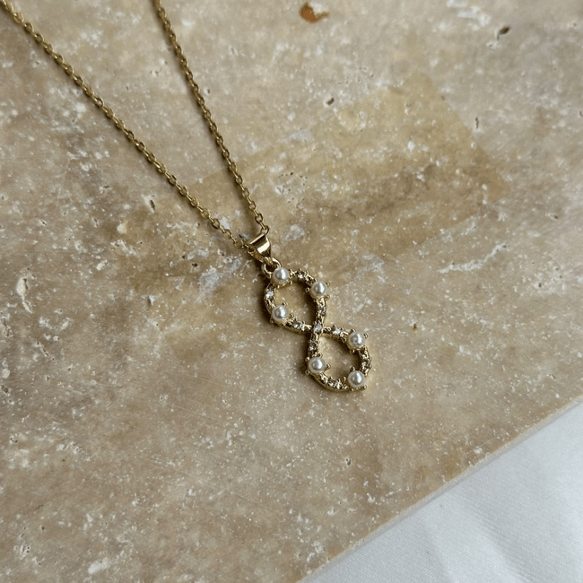İnci ve Zirkon Taşlı Sonsuzluk Gold Kolye