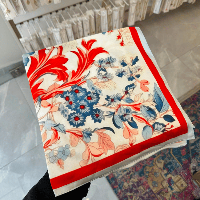 Mavi & Kırmızı Floral 60X60 İpeksi Fular