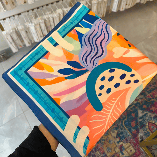 Mavi Tropikal Yaprak Desenli 60x60 İpeksi Fular