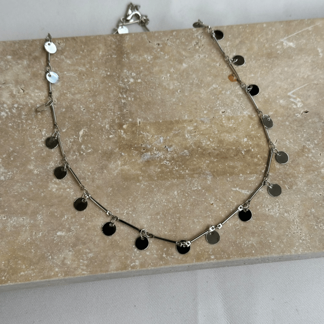 Sıralı Mini Pul Sallantılı Çubuk Zincir Silver Kolye