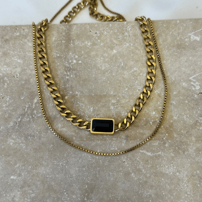 Siyah Baget Taşlı İkili Bold Gurmet Zincir Gold Kolye