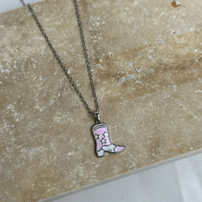 Yıldız Desenli Pembe Mineli Kovboy Çizmesi Silver Kolye