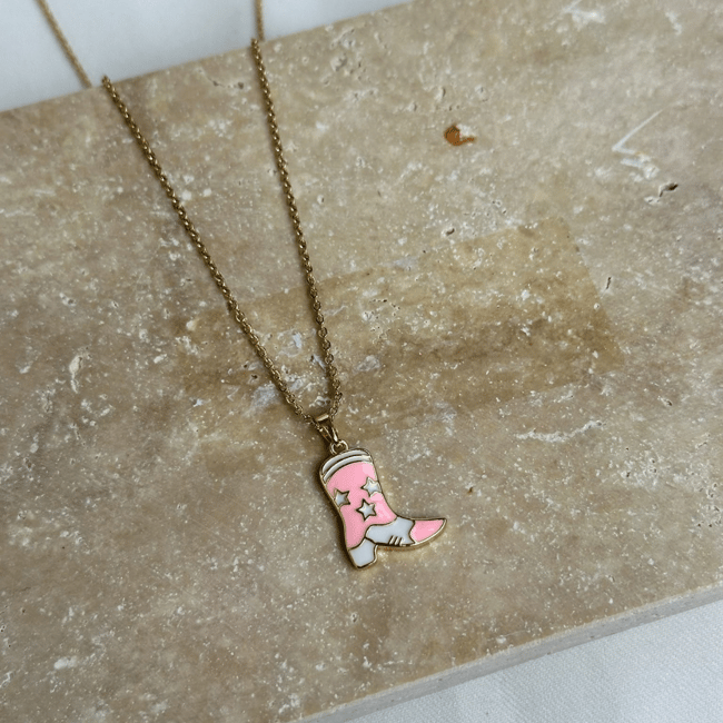 Yıldız Desenli Pembe Mineli Kovboy Çizmesi Gold Kolye